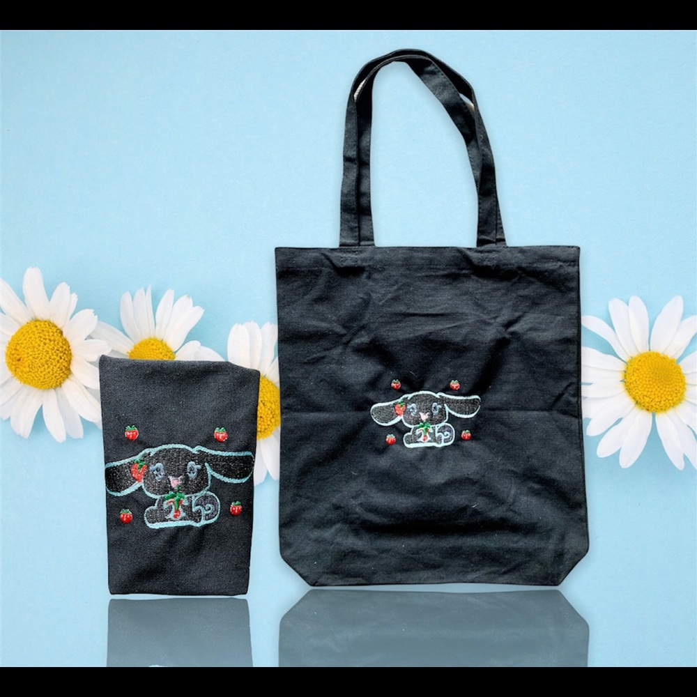 Cute cinnamoroll strawberry theme embroidered 12oz heavy duty black tote bag